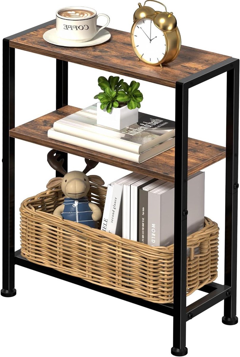Smalle bijzettafel - Klein meubel - Ruimtebesparing - Met opbergplank - 18 x 43 x 56 cm - Rustiek bruin