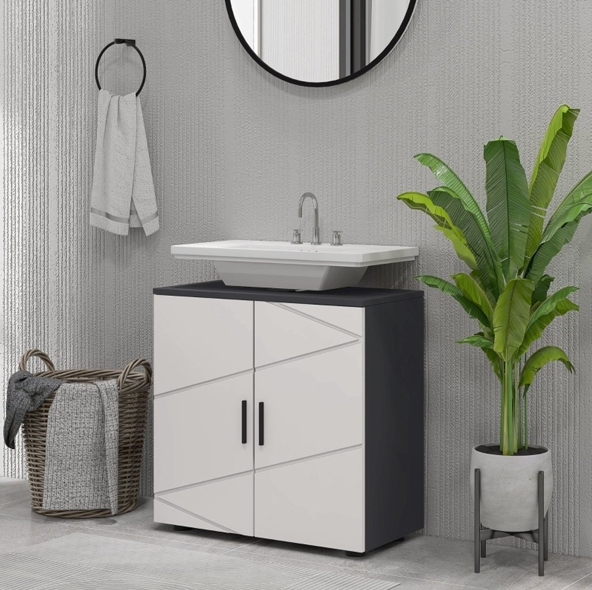 MEUNIQ wastafelonderkast 60 x 30 x 60 cm met U-vormige uitsparing, 2 deuren en 3-voudig verstelbare plank, badkamerkast voor onder wastafel, grijs