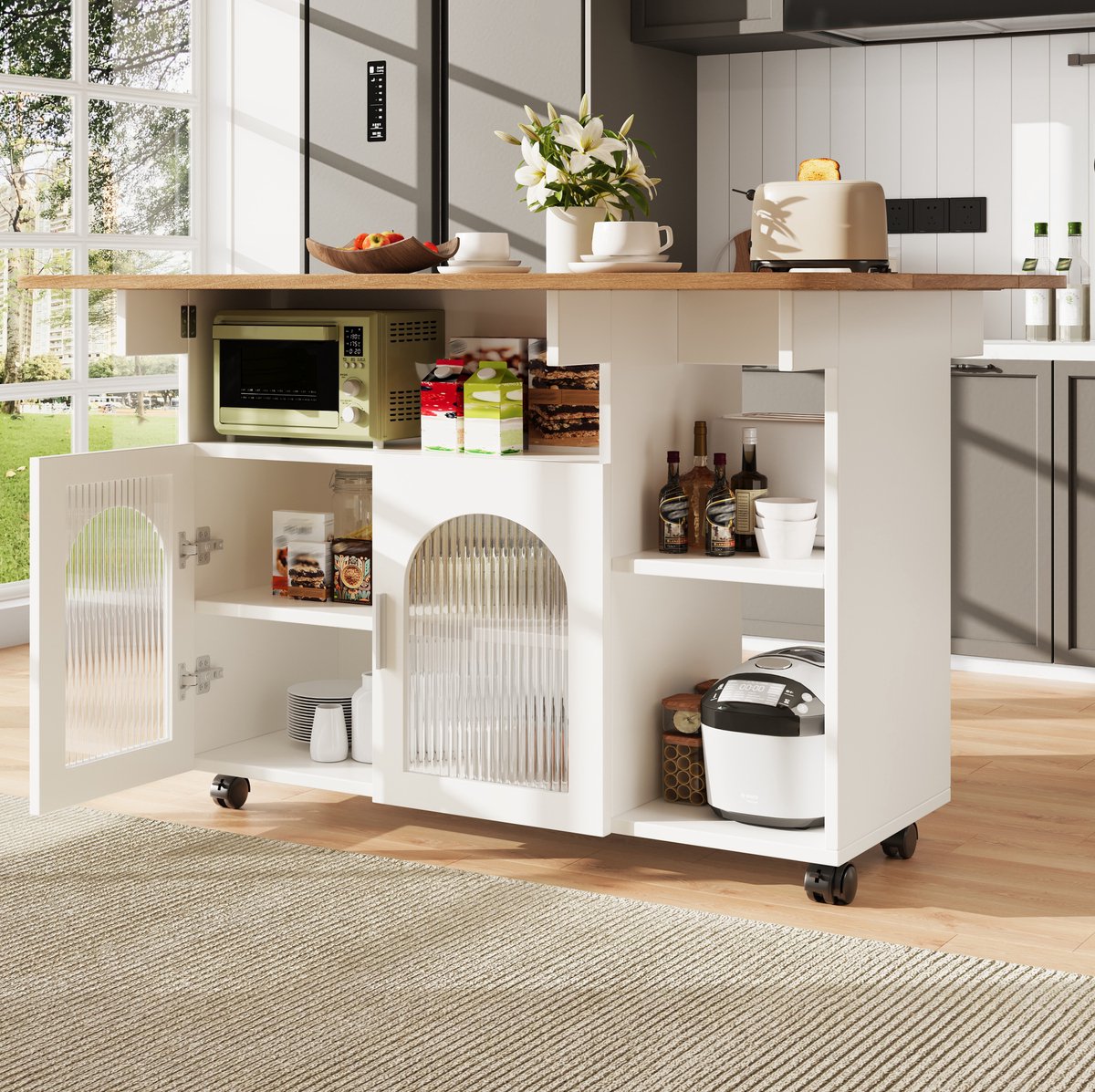 DESMIU Keukenkast - Opklapbaar Keukeneiland Met Wielen En Opbergruimte - Voor Keuken En Tijdelijke Eethoek - MDF En Glas - 120x70x79,5 Cm - Wit