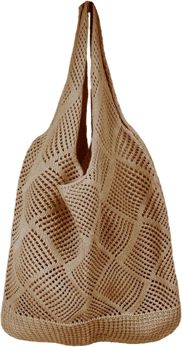 Thijox - Strandtas voor dames, gehaakte zomertas met mesh-net, grote tote bag voor strand, vakantie, boho-design, ideaal voor shopping en uitjes