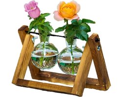 Plant Terrarium voor Plantenpropagatie met Houten Rek - Hydroponics Decoratie voor Thuis en Kantoor - 2 Potten