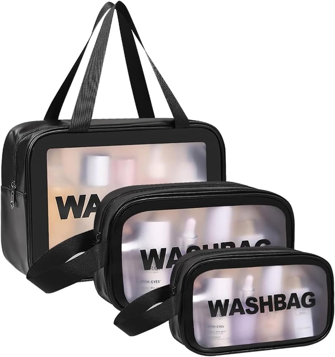 SnelShoppen - Set van 3 Transparante Toilettassen - Waterdichte PVC Make-up Tassen - Reizen, Cosmetica, Draagbare Zip Bag in Zwart
