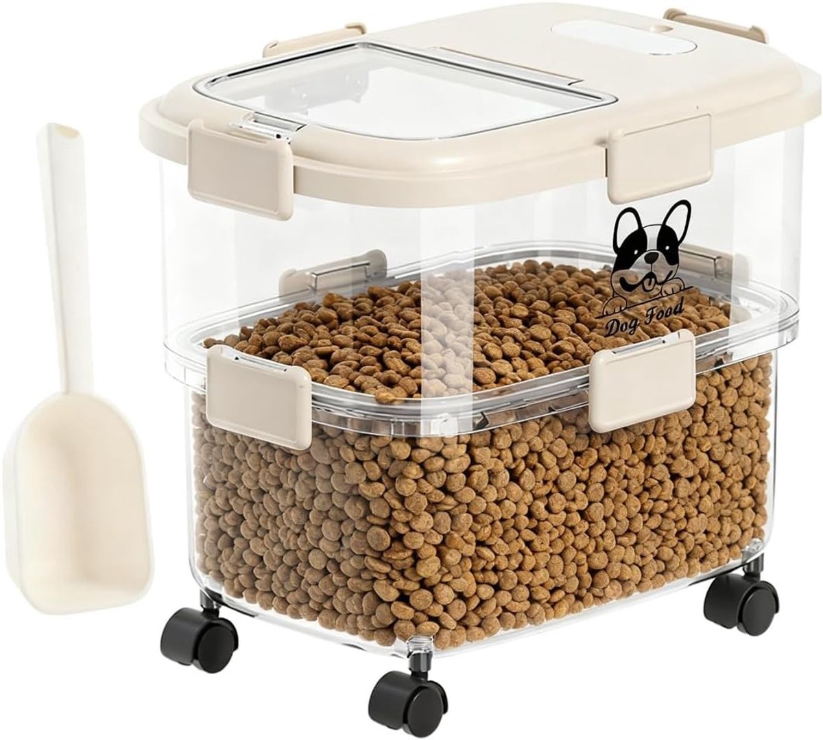 Ruime opbergdoos voor hondenvoer van 19 liter, transparant met deksel en wielen, ideaal voor het bewaren van dierenvoeding en kattenvoer, inclusief handige lepels voor gemakkelijk gebruik