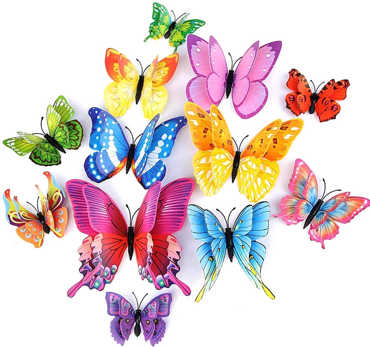 Set van 24 3D-vlinderstickers, dubbellaagse gemengde kleuren verwijderbare muurstickers doe-het-zelf woondecoratie voor slaapkamer, woonkamer, kinderkamer en kinderkamer