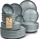 24-delige servies set in rookblauw met een bruine rand, inclusief schalen en borden.