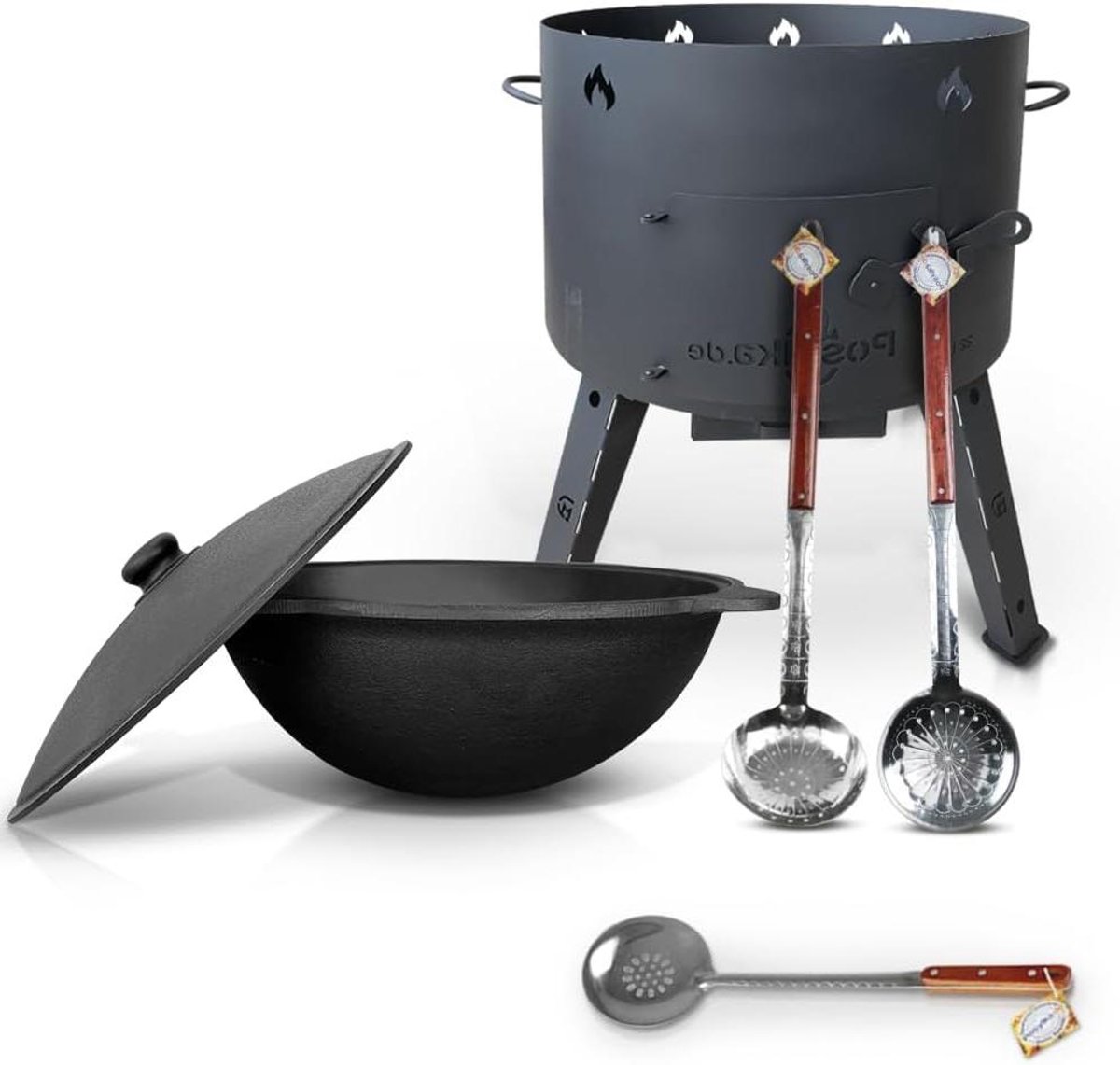 Vuuroven met pan - Buiten koken - Gezellig buiten koken - Dikke gietijzeren pan - 49 cm diameter - Set 4