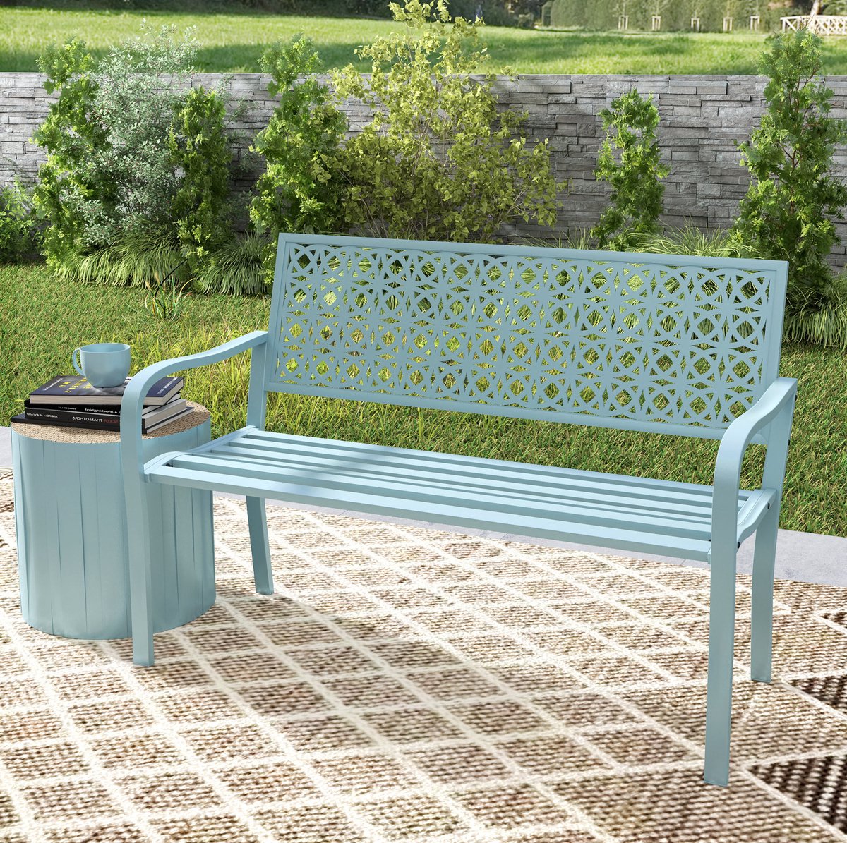 MEUNIQ 2-zits tuinbank 127 x 63 x 85 cm met rugleuning en armleuningen, stalen frame, belastbaar tot 240 kg, voor tuin, terras of balkon, blauw