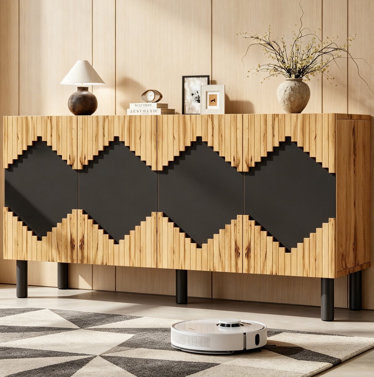MIVRAY Dressoir Met 2 Deuren En Push Open Sluiting Ruitpatroon In Naturel En Zwart Voor Woonkamer Eetkamer En Hal 140x40x70 Cm
