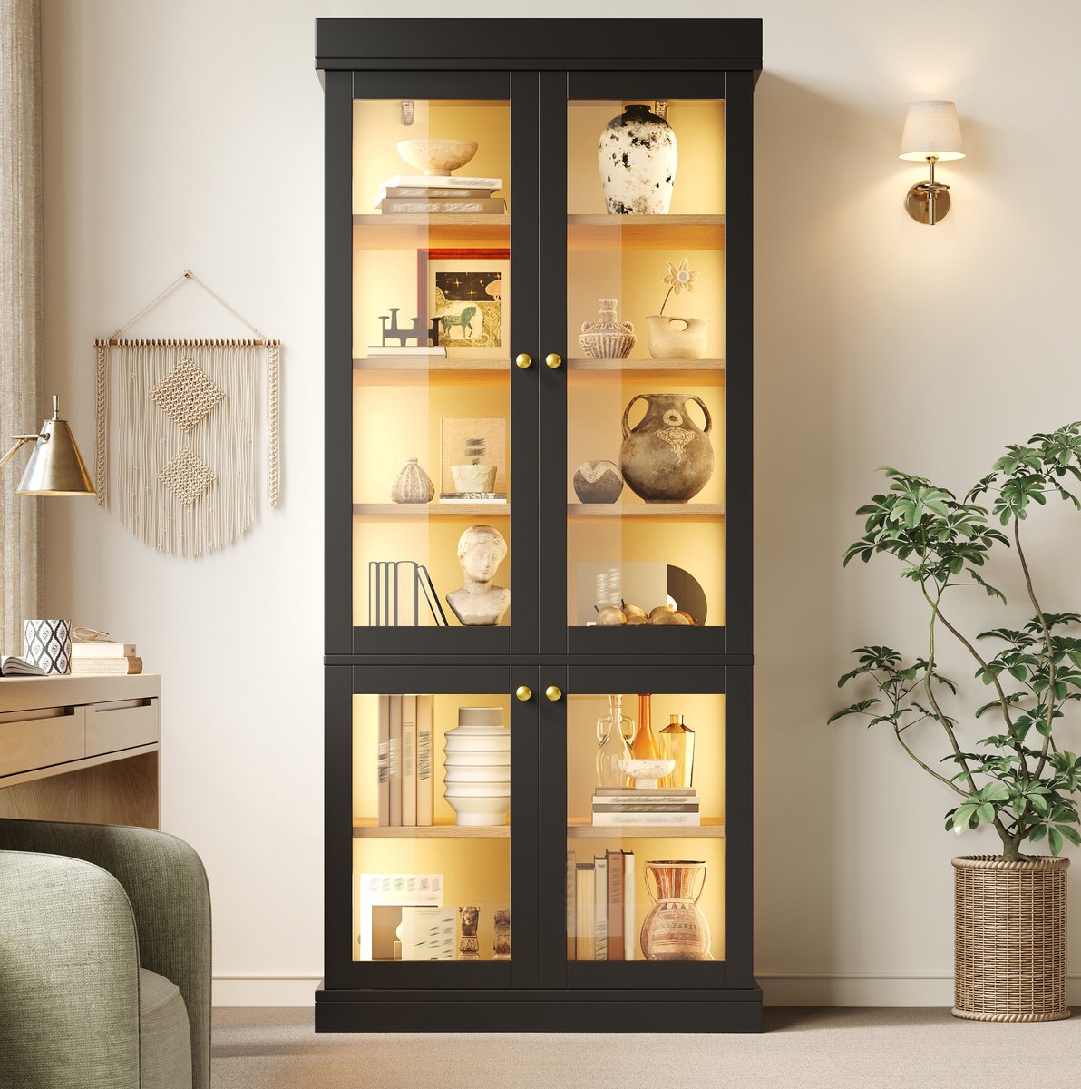 MIVRAY Hoge Kast Met Glazen Deuren En LED Sfeerverlichting Voor Woonkamer En Slaapkamer MDF Metaal Zwart 80x40x180 Cm