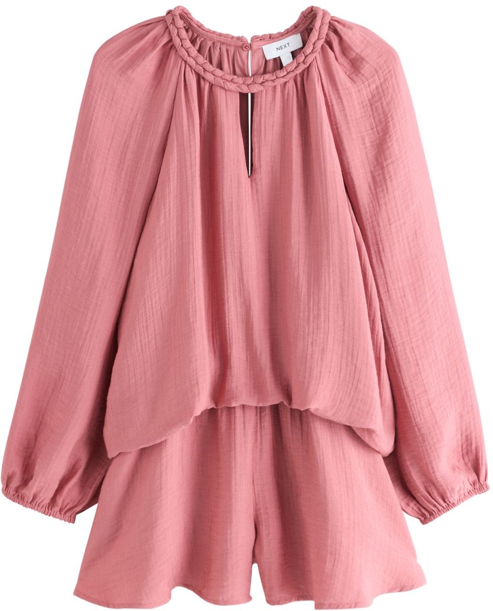 Next - Dames - Playsuit met gevlochten halslijn en ballonmouwen - Roze