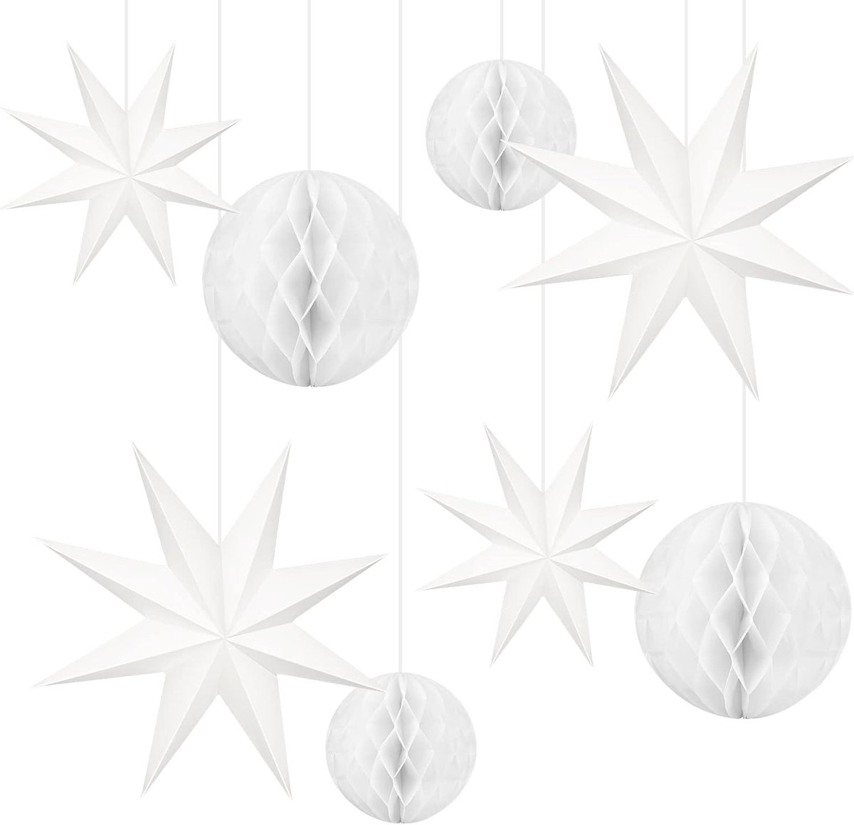 8-Pack Kerst Ster Decoratie - 9-Puntige Ster Lantaarns en Honingraat Ballen voor Feestjes, Bruiloften en Babyshowers