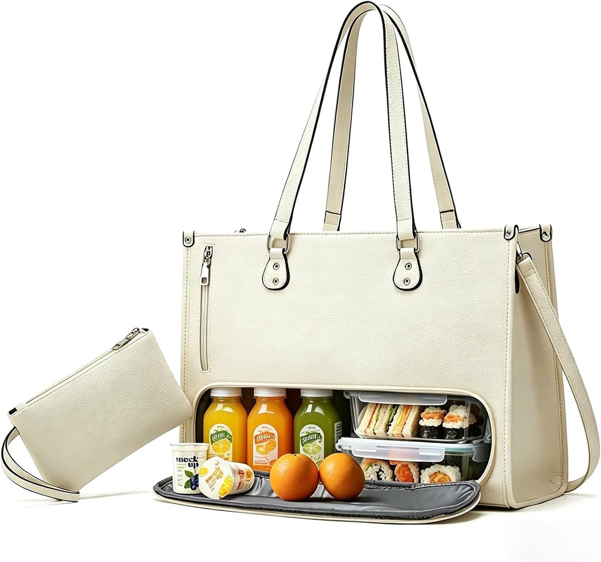 Dames Leren Laptop Tas met Geïsoleerd Koelcompartiment, Grote Werk- en Lunchtas voor School, Kantoor en Zakelijk Gebruik, Geschikt voor 15.6 Inch Laptops, Zwart