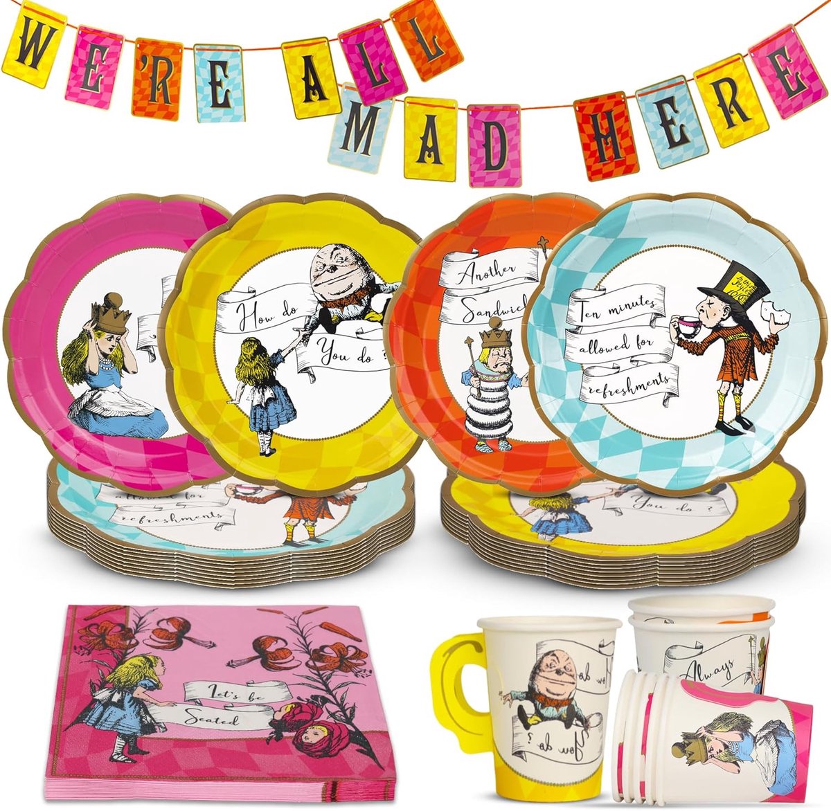 Talking Tables | Alice in Wonderland Feestdecoratie & Wegwerpservies voor 16 Personen | Dubbelzijdige Mad Hatter-slinger, Papieren Borden, Servetten, Bekers & Tafellaken | Verjaardag, High Tea, Babyshower