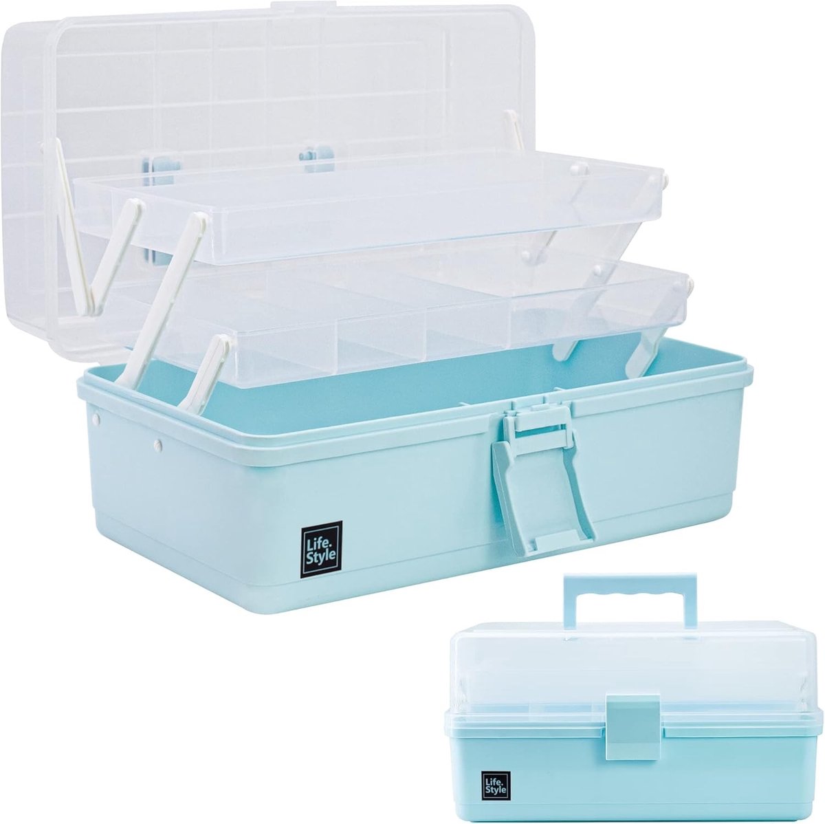 33 cm 3-laags multifunctionele opbergdoos, creatieve opslagdoos met vakken, plastic gereedschapsbox voor medicijnen en haartoebehoren, naai-doos met 2 trays (blauw)