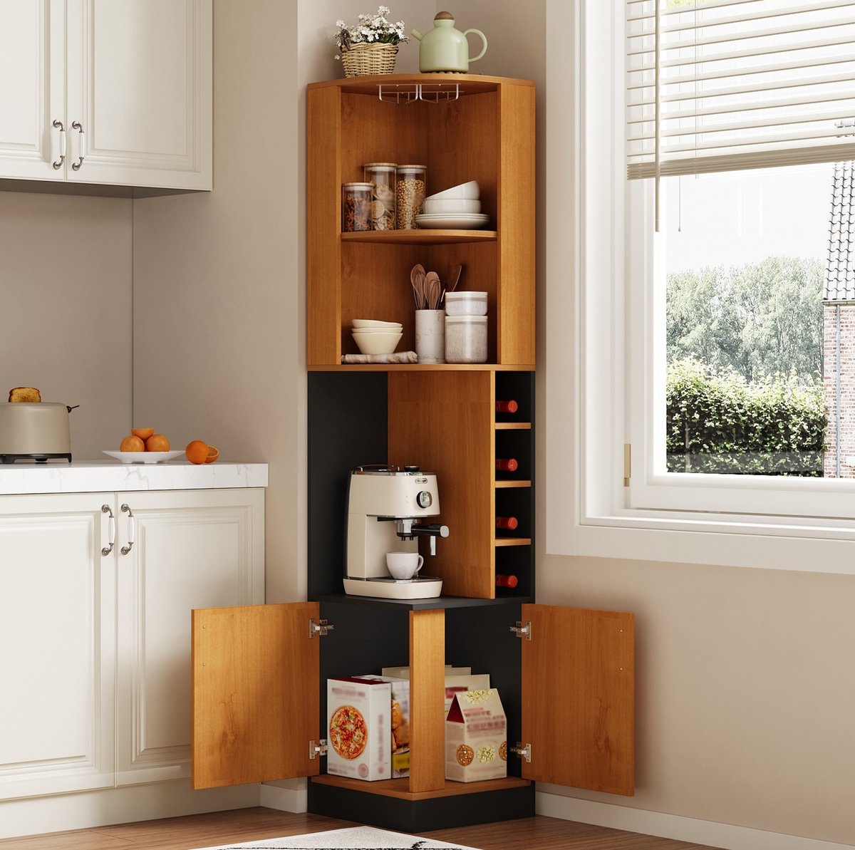STILVORA Hoekkast Dressoir - Wijnkast Met Wijnglasrek En 4 Wijnvakken - Ruimtebesparend Voor Keuken En Woonkamer - MDF - 40x40x182 Cm - Naturel