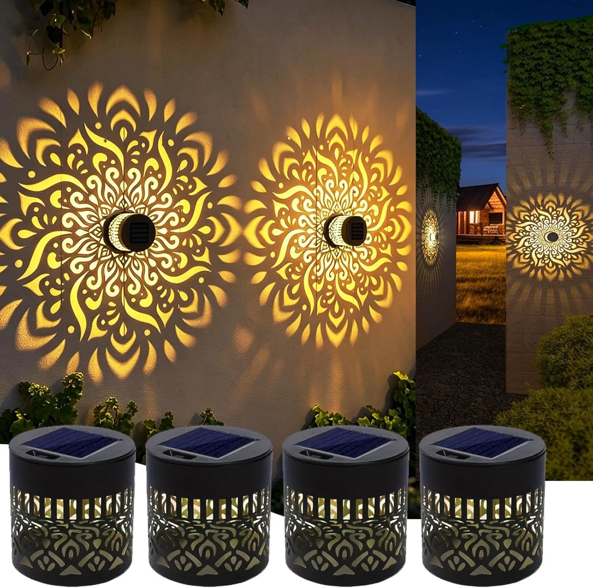 Thijox - Mandala-lantaarns op zonne-energie voor buiten, warm licht, weerbestendig wandlam