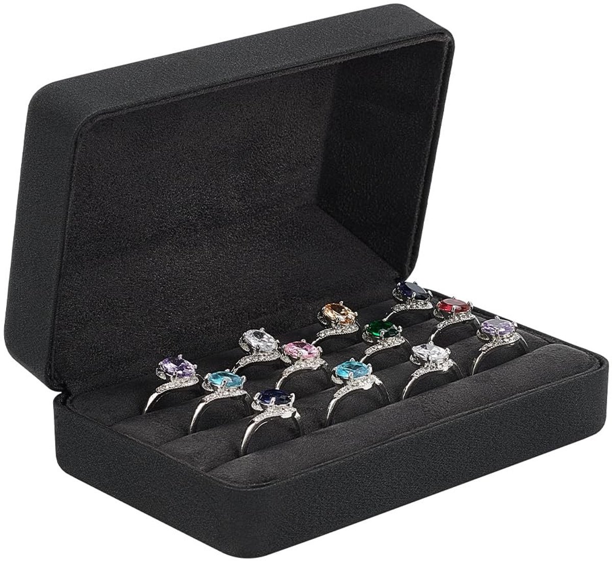 Dailygoods- Ring Opbergdoos Luxe - Zwarte Sieradendoos - Ringorganisator - Fluwelen Binnenvoering - Rechthoekig - 12,6 x 8 x 4,7 cm