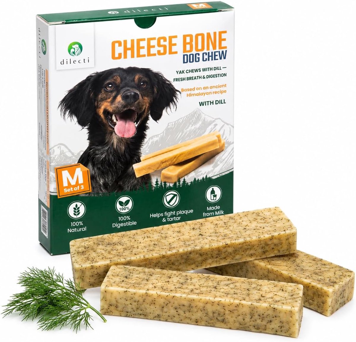 Thijox - Kaasbotten met Dille voor Honden - Harde Kauwbotten, Gezonde Hondensnacks, Alternatief voor Yakkaas, Maat M, Set van 3 - Perfect voor Speelpl