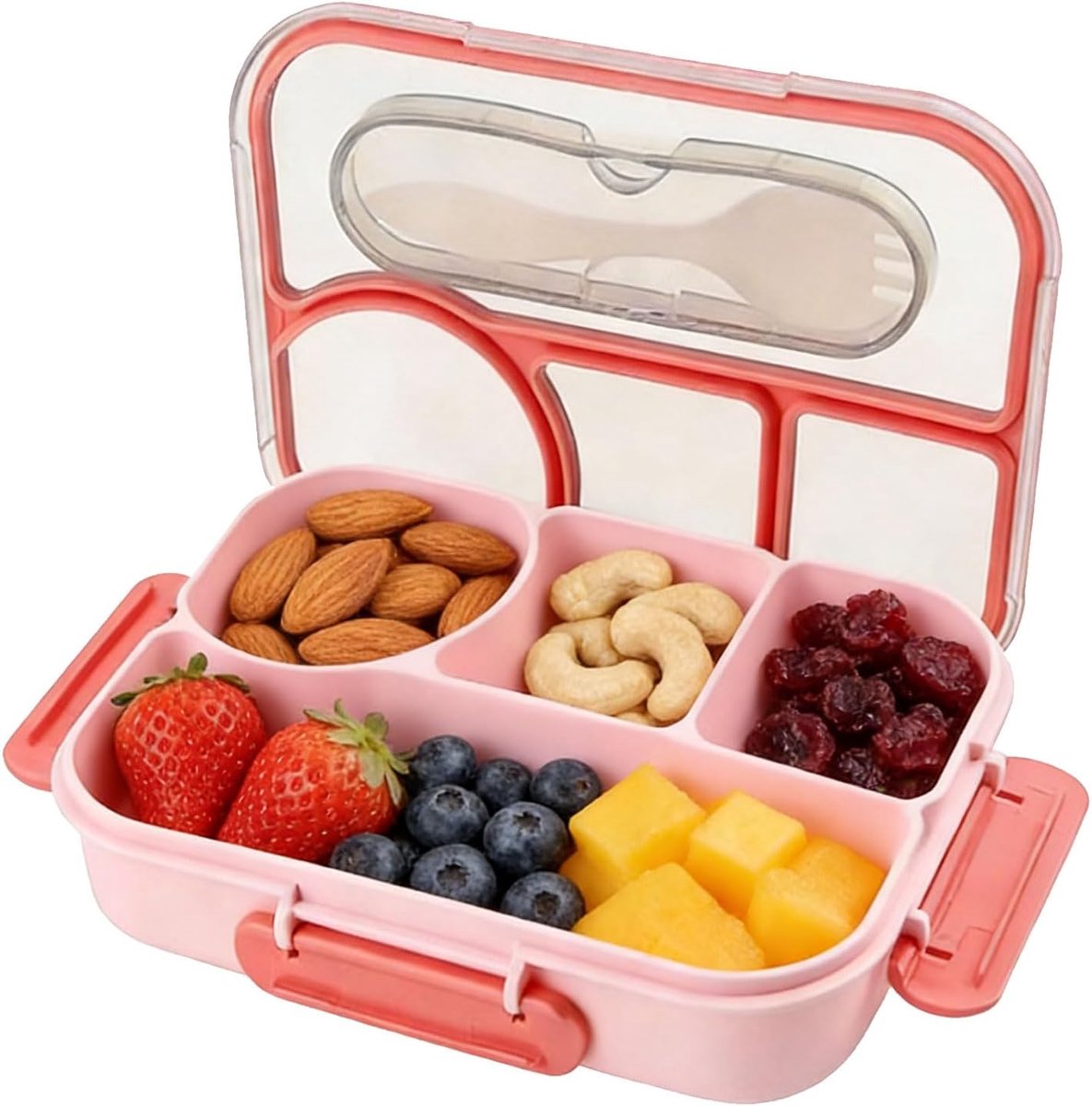 Thijox - 1100ml Bento Box voor Volwassenen, Herbruikbare 4 Vakken Lunchbox, Snackhouder, Vaatwasmachinebestendig en BPA-vrij, Valbestendig Roze, Perfe