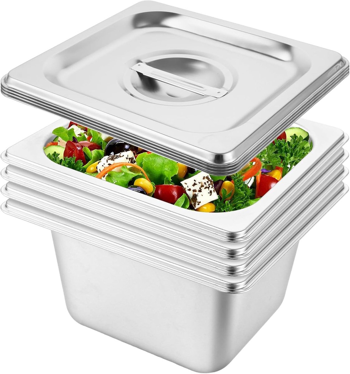 Set van 4 RVS GN Containers met Deksel, Keukenmanden, 1/9 Grootte, Diepte 10 cm, Voedselopslag, Duurzaam en Hygiënisch