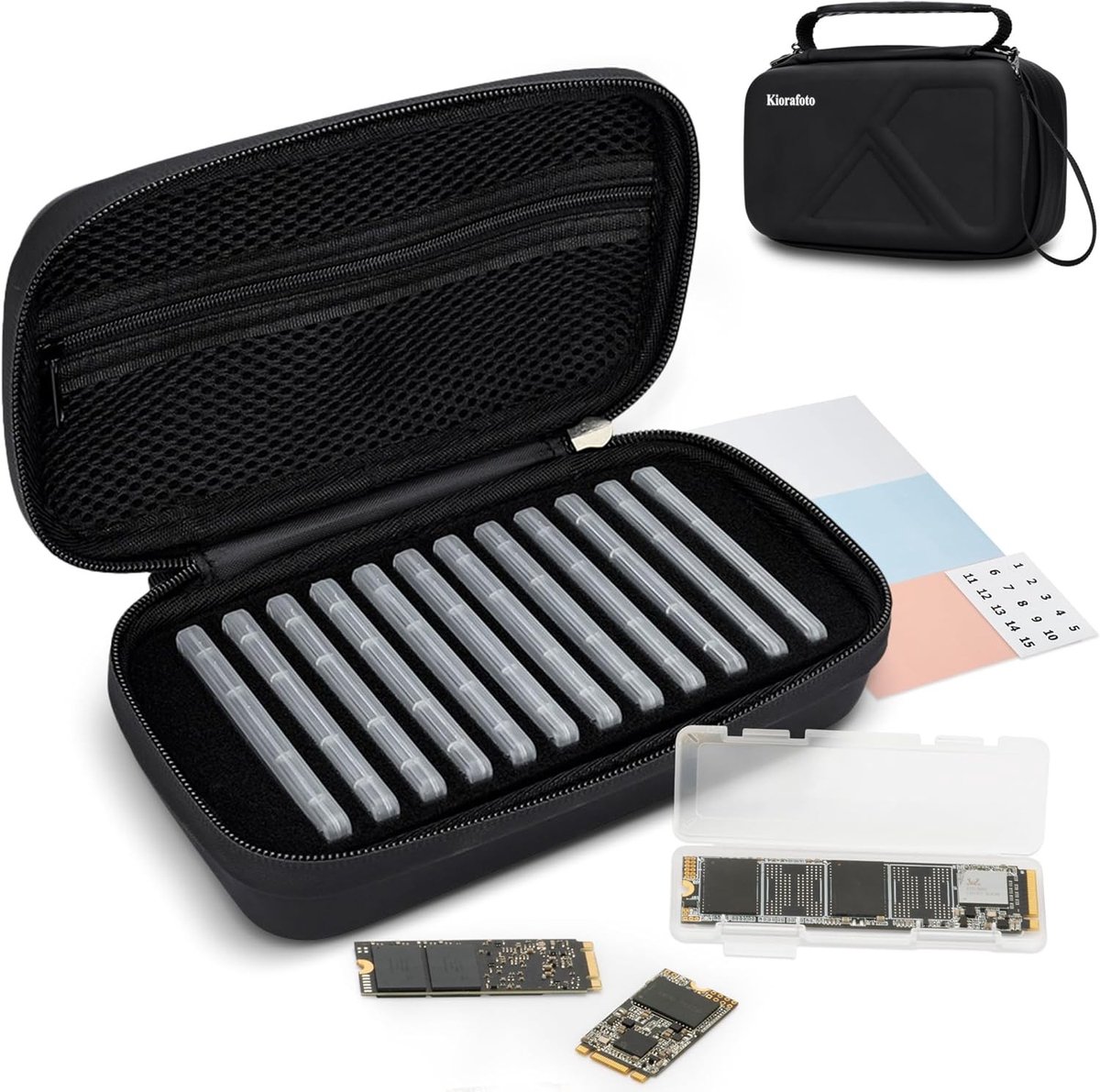 M.2 SSD Houder met 12 Duidelijke NVMe Cases voor 2280/2260/2242/2230 SSD's, Waterdicht en Schokbestendig, Ideaal voor Opslag en Bescherming