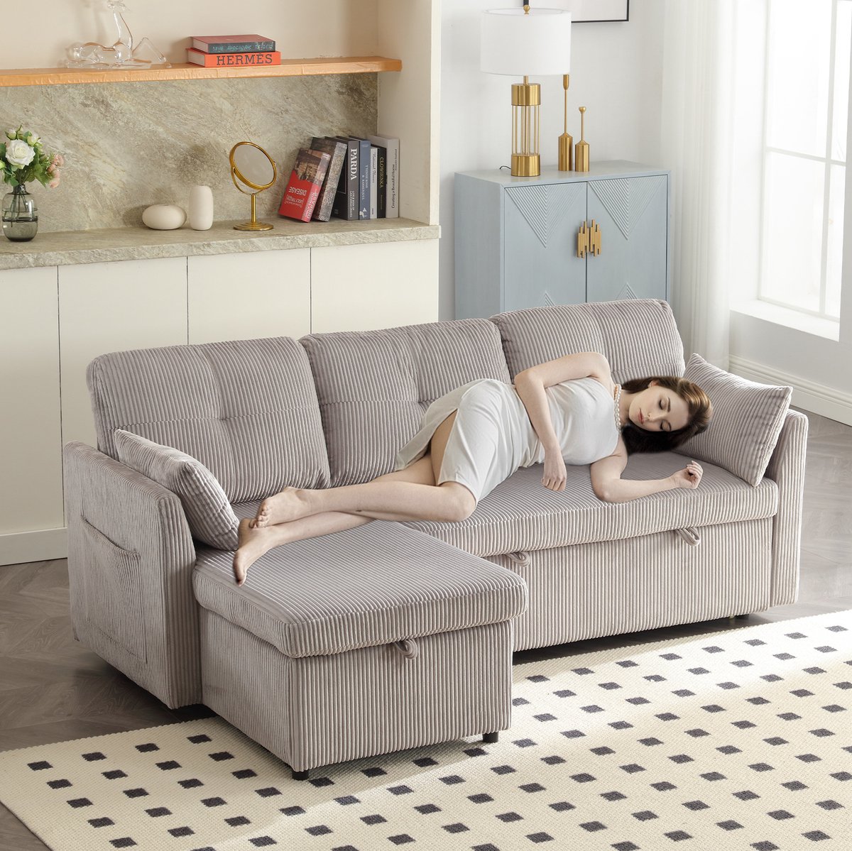DESMIU Slaapbank 206 x 108 x 66 cm - Omkeerbare Chaise Longue Met Opbergruimte En Uittrekbed - Voor Woonkamer - Corduroy Lichtgrijs