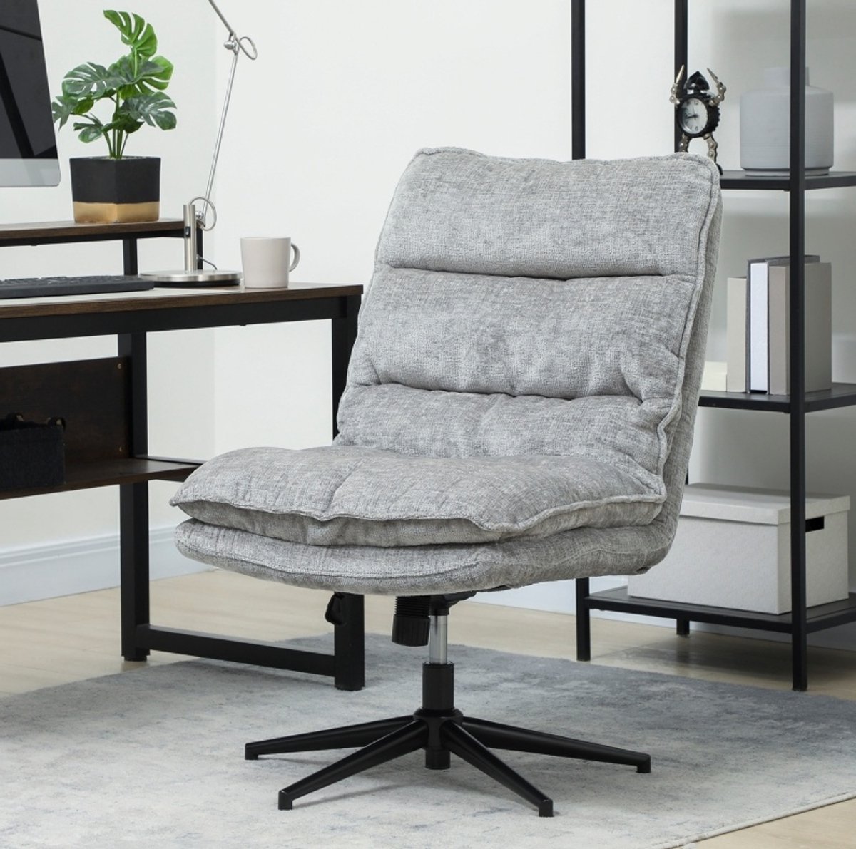 MEUNIQ bureaustoel zonder armleuningen 63,5 x 81 x 96-102 cm draaibaar en hoogteverstelbaar met chenille bekleding, kantelfunctie en metalen voet voor werkkamer grijs