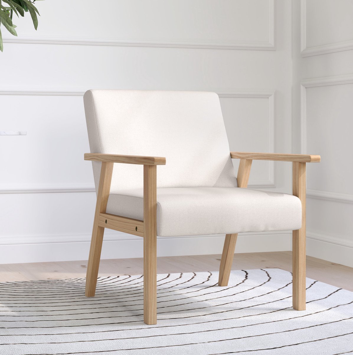 MEUNIQ fauteuil met armleuningen 64 x 70 x 72 cm, Scandinavische loungestoel met houten frame, brede zitting en stof met linnenlook voor woonkamer of slaapkamer, crèmewit