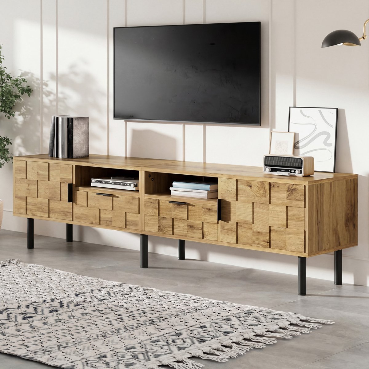 MEUNIQ TV-meubel 160 x 35 x 42,5 cm met 2 deuren, 2 lades en 2 open vakken, tv-lowboard met kabeldoorvoer en metalen poten voor woonkamer, naturel