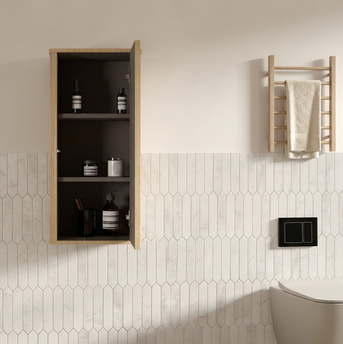 MIVRAY Badkamerkast - Wandgemonteerde Opbergkast Met Greeploze Drukopening En Groefdesign - Voor Kleine Ruimtes - MDF En Multiplex - Eikenkleur - 91,5x37,5x21,5 Cm