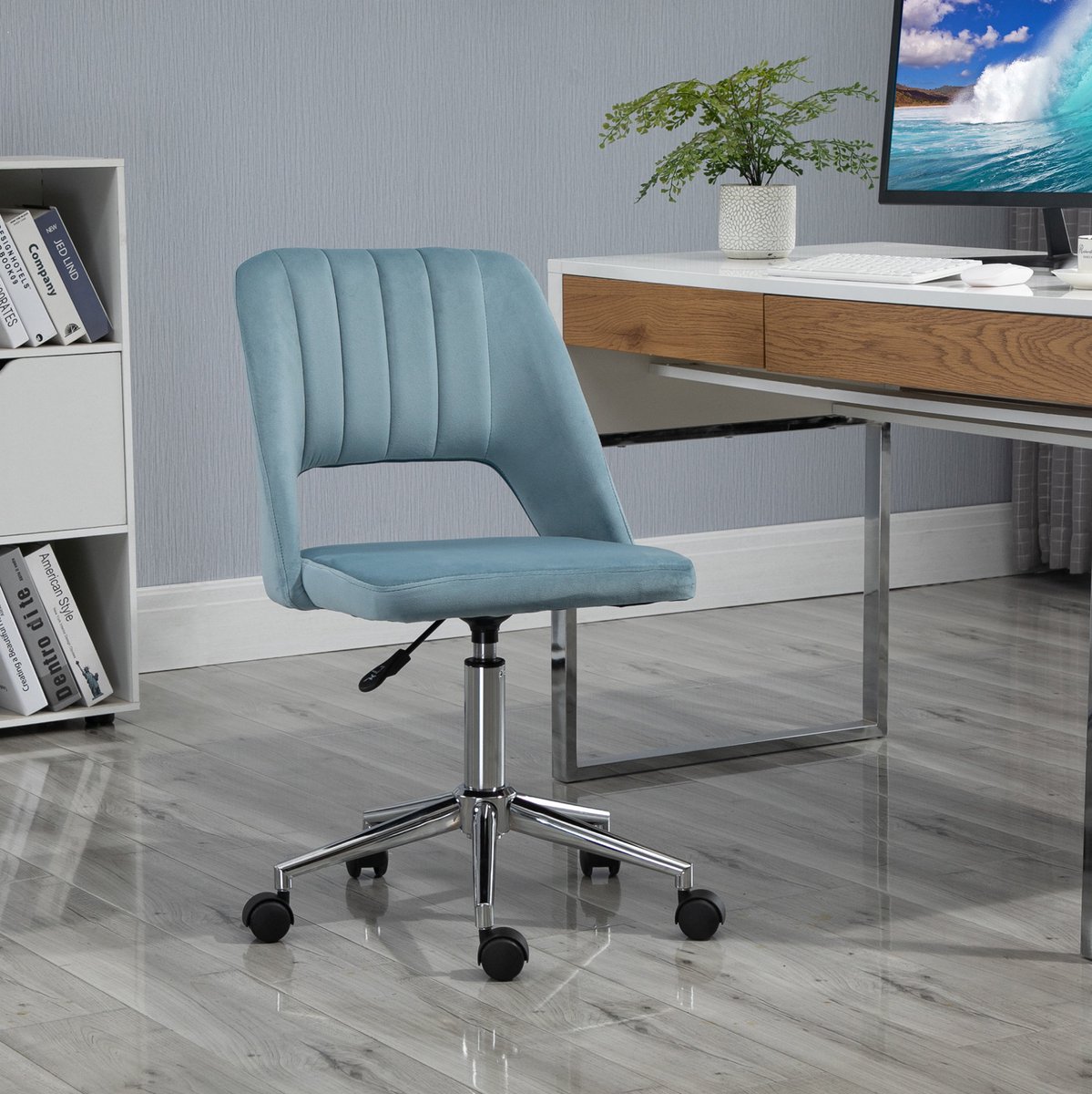 MEUNIQ bureaustoel 49 x 60 x 79-91 cm hoogteverstelbaar 360° draaibaar met wielen zonder armleuningen ergonomische rugleuning voor werkkamer of woonkamer blauw