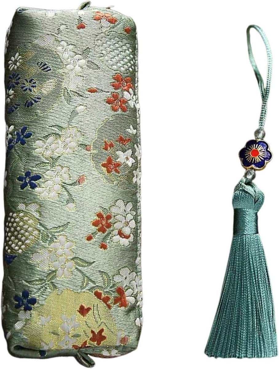 SnelShoppen - Chinese stijl bloemen pennenetui met kwast hanger, geborduurde etui voor kantoor, mini make-up tas voor meisjes, groen 18 x 6 x 3,5 cm