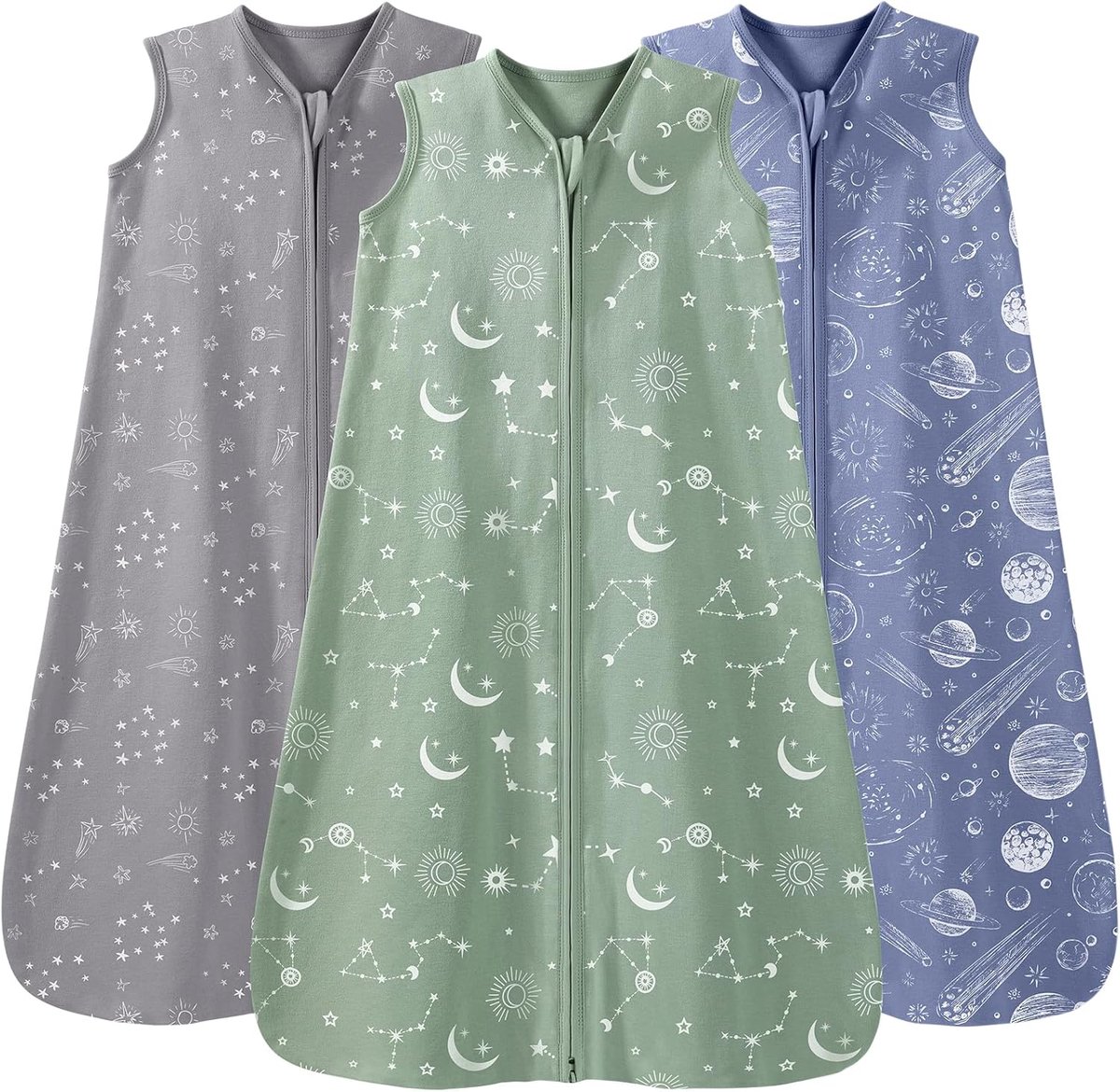 Thijox - Baby Slaapzak Pasgeboren 0,5 Tog 3 Pack - 100% Katoen Draagbare Deken voor Jongen en Meisje - Peuter 6-12 Maanden - Grijs Groen Constellation