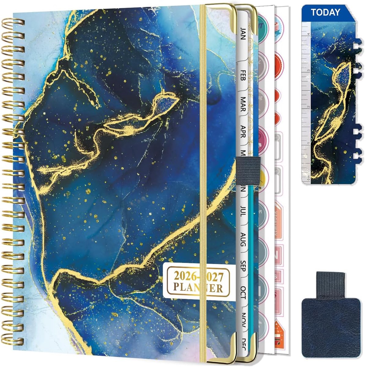 Thijox - Gumiho Weekkalender 2026 2027 A5 Planner met Spiraalbinding, Donkerblauw, Schoolagenda met Penlus, Bladwijzer en Planstickers voor Efficiënte