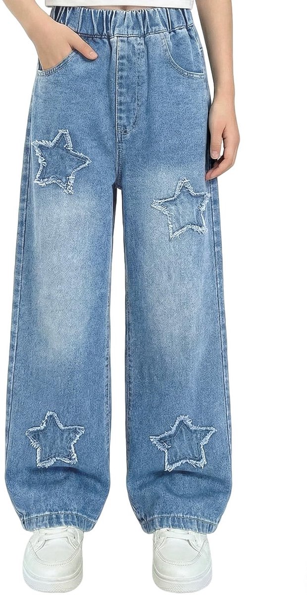 Dailygoods - Baggy Jeans voor Meisjes Rechte Loose Fit Denim Broek voor Kinderen, Casual Jeansbroek met Wijde Pijpen, Elastische Taille en Meerdere Zakken, Streetwear Baggy Broeken voor 7-15 Jaar