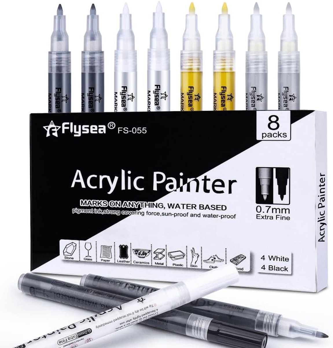 Thijox - 8 Stuks Acrylstiften Zwart Wit Goud Zilver 0.7 mm Metallic Markers Permanente Markers Waterbestendig voor Hout, Papier, Glas, Kunststof, Kera
