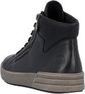 Zwarte leren hoge sneaker met rits en vetersluiting, grijze zool, rechterachterkant.