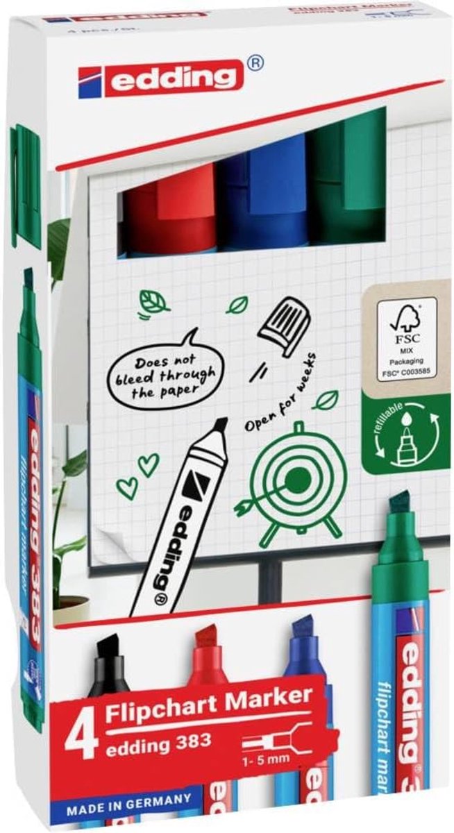 Thijox - Flipchart Marker Set van 4 - Zwart, Rood, Blauw, Groen - Beitelvormige Punt 1-5 mm - Stiften voor Schrijven, Tekenen en Markeren op Flip-over