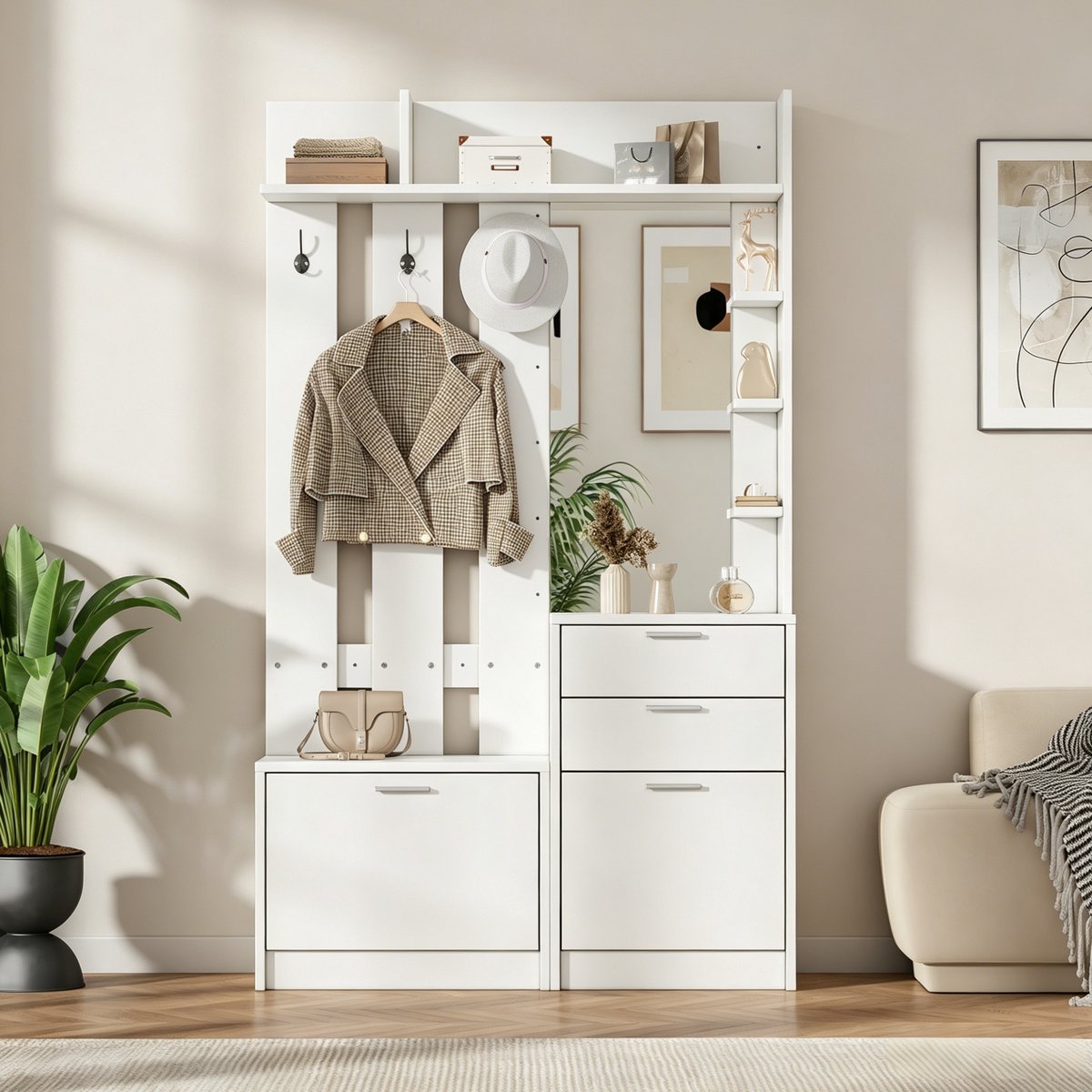 FloraGrace Halmeubel - Garderobekast Met Spiegel En Schoenopberging - 2 Lades, 3 Haken En 3 Planken Voor Hal En Slaapkamer - MDF - 110x34x185 Cm - Wit