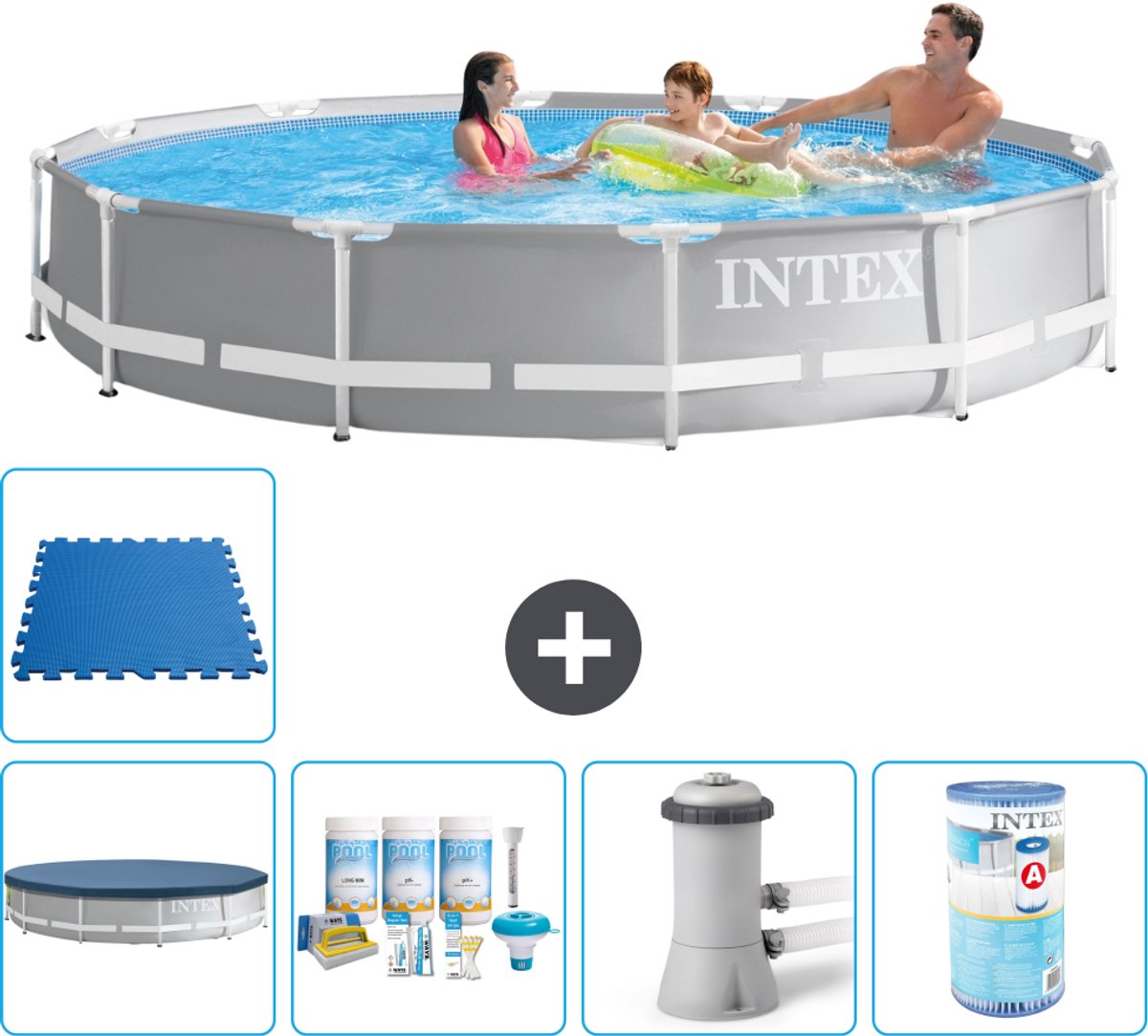 Intex Rond Prism Frame Zwembad - 366 x 76 cm - Grijs - Inclusief Afdekzeil - Onderhoudspakket - Zwembadfilterpomp - Filter - Vloertegels - 6-delig