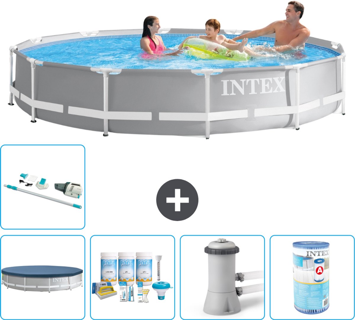 Intex Rond Prism Frame Zwembad - 366 x 76 cm - Grijs - Inclusief Afdekzeil - Onderhoudspakket - Zwembadfilterpomp - Filter - Stofzuiger - 6-delig