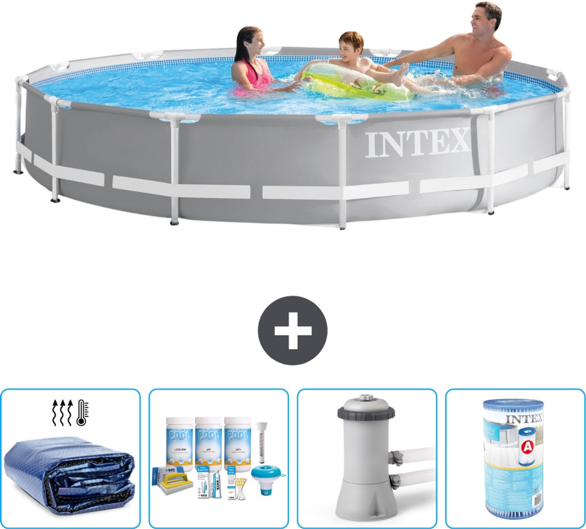 Intex Rond Prism Frame Zwembad - 366 x 76 cm - Grijs - Inclusief Solarzeil - Onderhoudspakket - Zwembadfilterpomp - Filter - 5-delig
