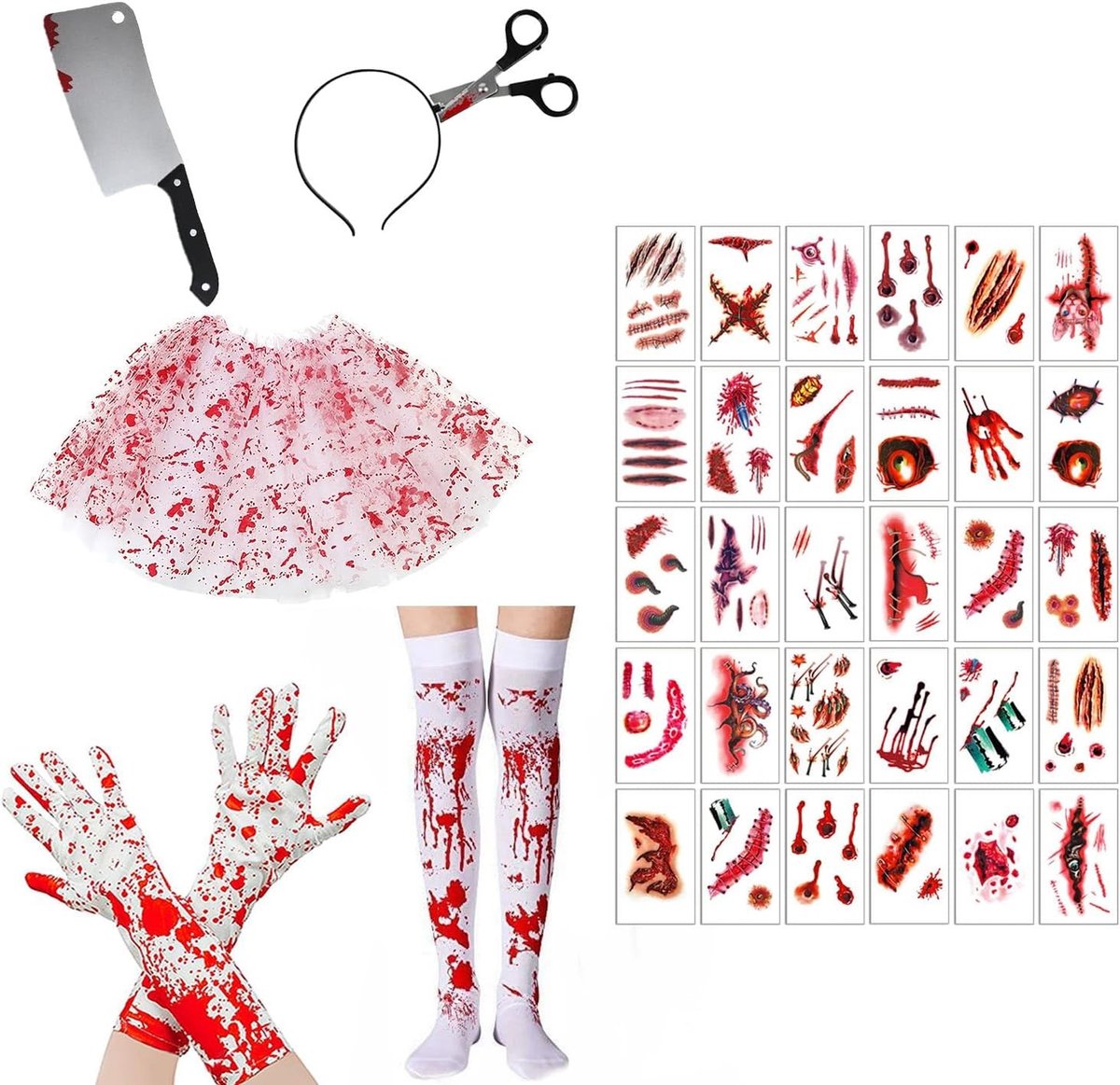 Bloederig Zombie Verpleegster Kostuum voor Dames met Tutu Rok, Handschoenen, Masker en Tatoeages voor Halloween en Cosplay