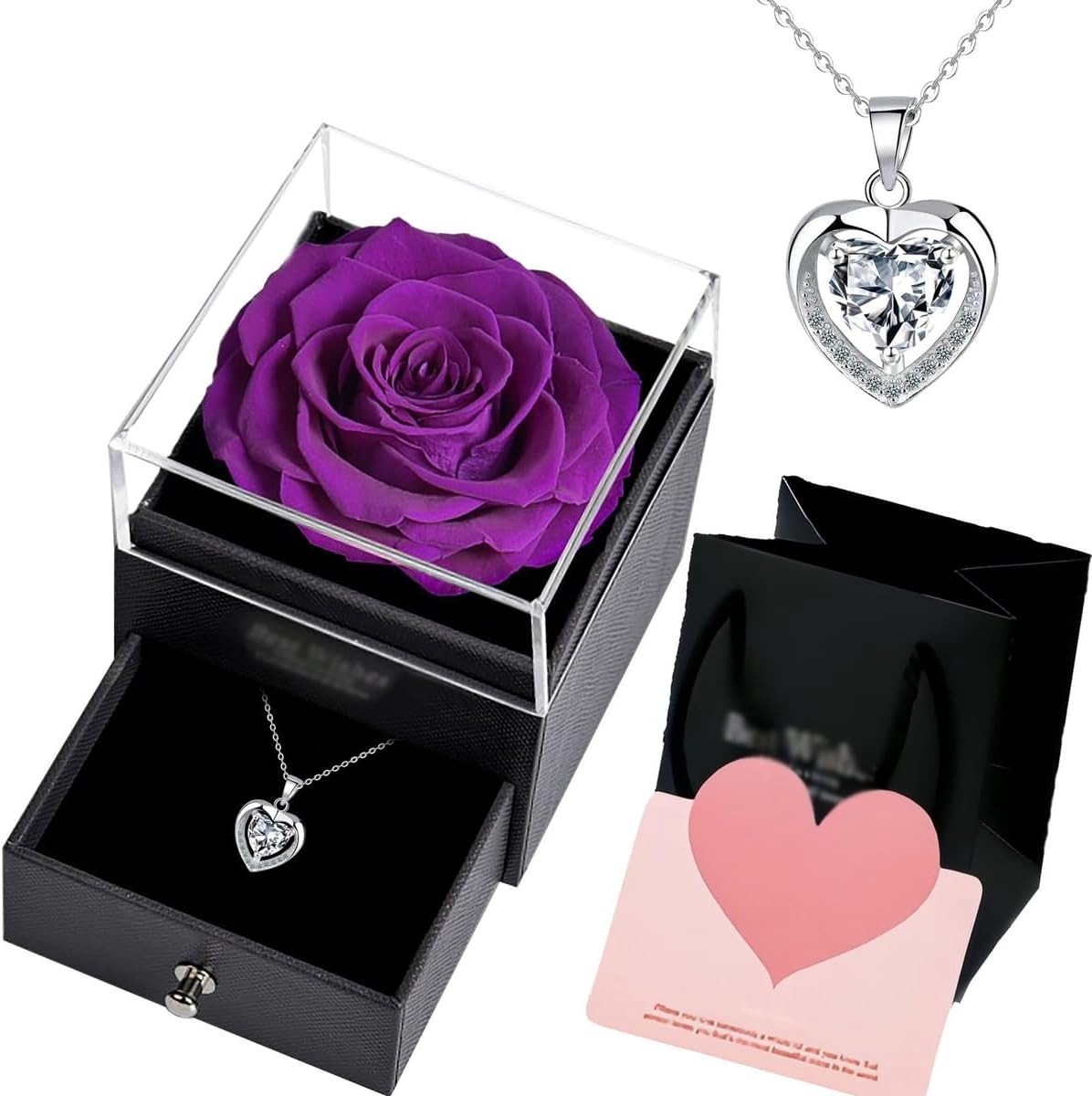 Preserved Real Rose met Sieraad, Tijdloos Rozen Geschenk in Luxe Doos, Romantisch Cadeau voor Moeder, Vrouw en Vriendin