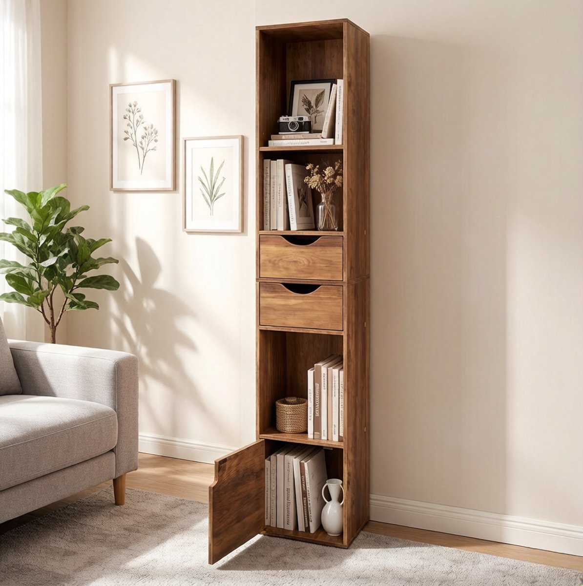 FloraGrace Boekenkast - Smal Hoog Rek Met 3 Open Vakken 2 Lades En Deurkast - Voor Woonkamer En Kantoor - Houtlook Bruin - 30x24x157,5 Cm
