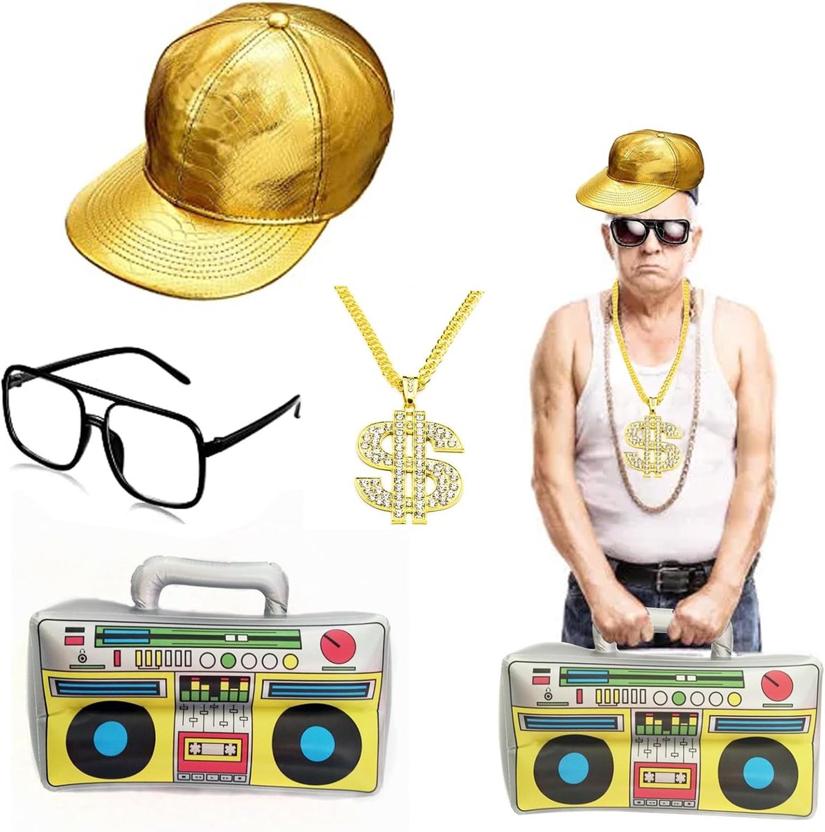 Hip Hop Kostuum Set voor Mannen uit de Jaren 80 en 90, Perfect voor Feesten, Rapconcerten en Thema-Events