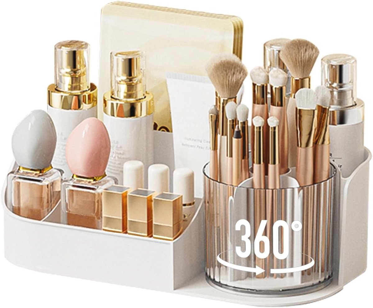 Grote Make-up Organizer met 360° Draaiende Borstelhouder voor Cosmetica, Parfum en Huidverzorging - Perfect voor Dresser en Badkamer