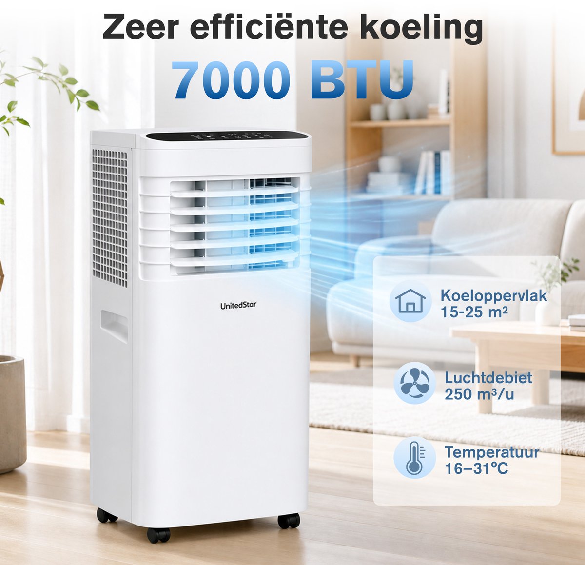 Draagbare Mobiele Airconditioner SKY-1A-7000 BTU-Snelle Koeling-Grote Luchtstroom-Geschikt voor 15-25 m²-3-in-1 Functie-Koelen-Ontvochtigen en Ventileren-Ideaal voor Warme Zomerdagen — afbeelding 10