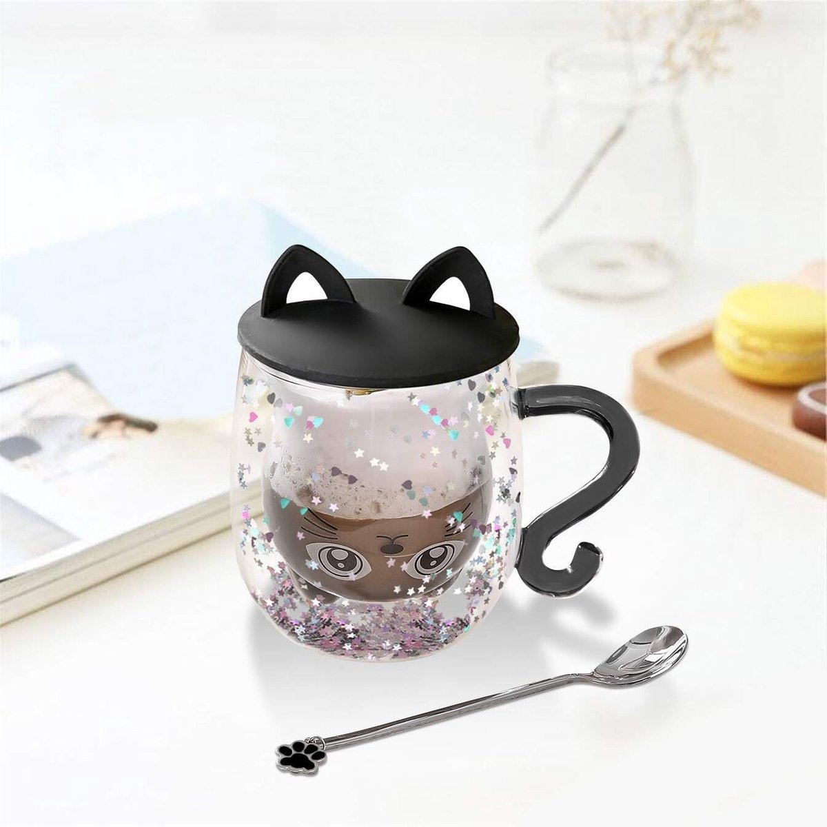 Leuke cadeaus voor vrouwen: schattige zwarte kat mok, dubbele wand glazen voor koffie en latte, perfect voor verjaardagen en feestdagen