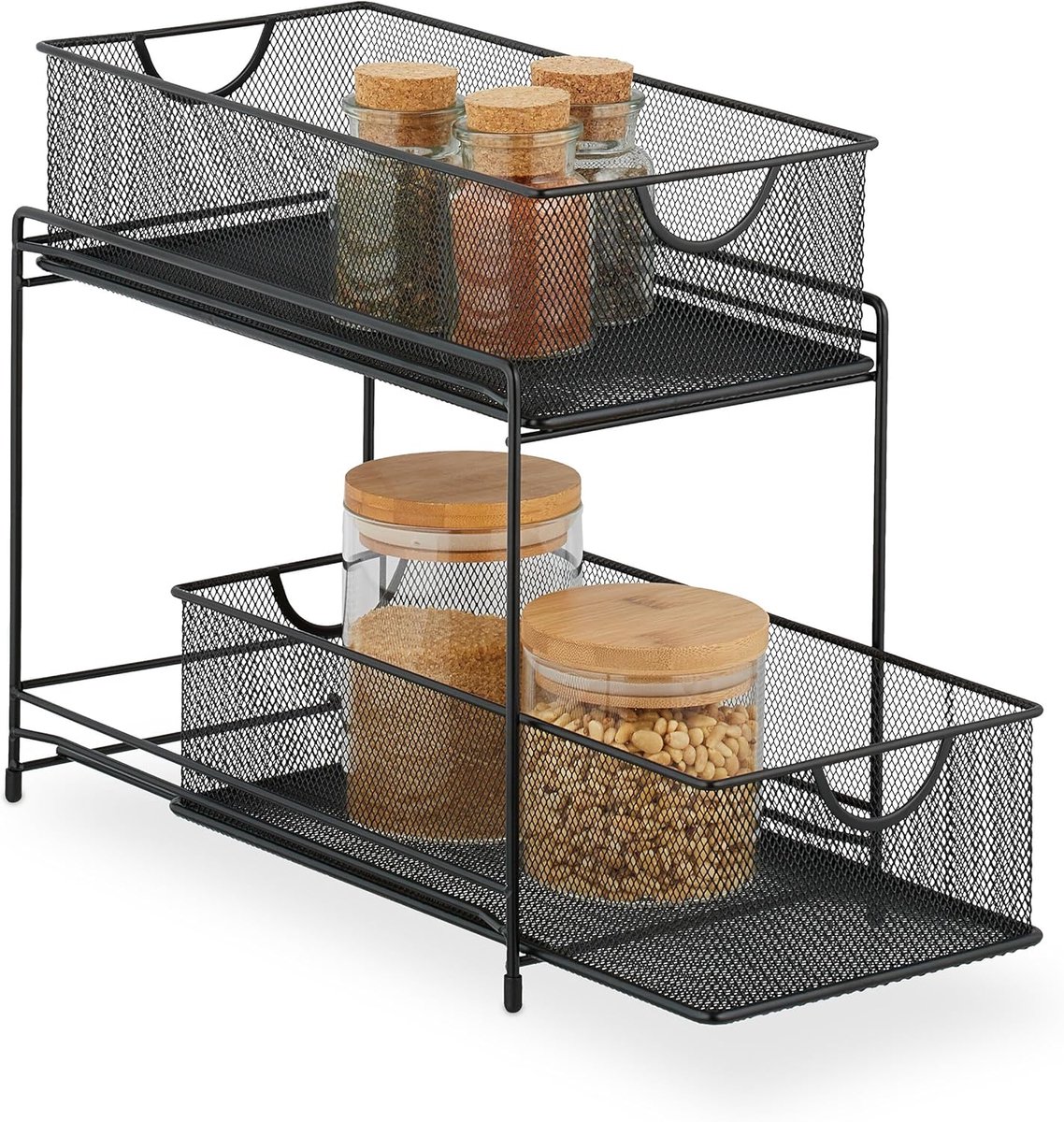 Thijox - Keuken Organizer met 2 Uitschuifbare Manden, Badkamerrek van Metaal, Kast-Organizer Zwart 32x19x35,5cm - Perfect voor Keuken en Badkamer